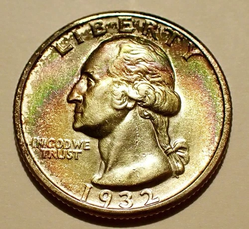 1932-D Washington Silver Quarter, Beautiful Rainbow Toning, Key Date, Choice AU