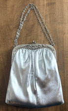 Vtg HL USA Silver Lame Evening Bag Purse Embossed Floral Clasp Chain Handle