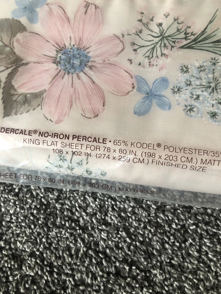 Lençol plano Grace Kelly Springmaid King branco com flores sem ferro percalNOS EUA - Imagem 2 de 2