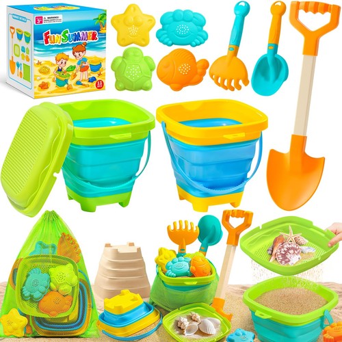 Collapsible Beach Sand Toys for Kids Toddlers, Collapsible Sand Bucket with S...