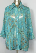 All Hours Green Sheer Top Womens Size M Chest 42 3/4 Sleeve Button Up 309-28931