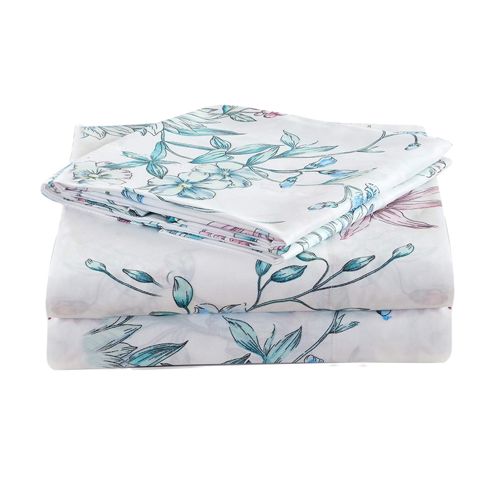 White Blue Floral Printed Sheet Set Queen Size, 4 Piece Botanical Microfiber ...