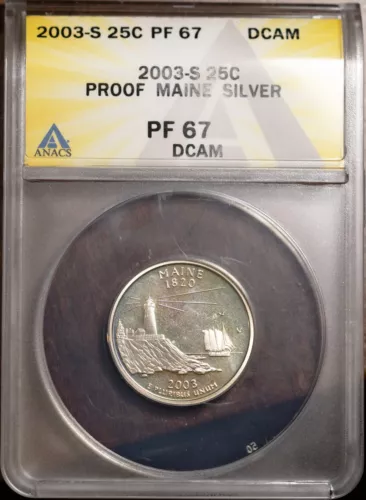 2003-S 25c Silver Maine State Quarter PF67 DCAM ANACS # 7472475 + Bonus
