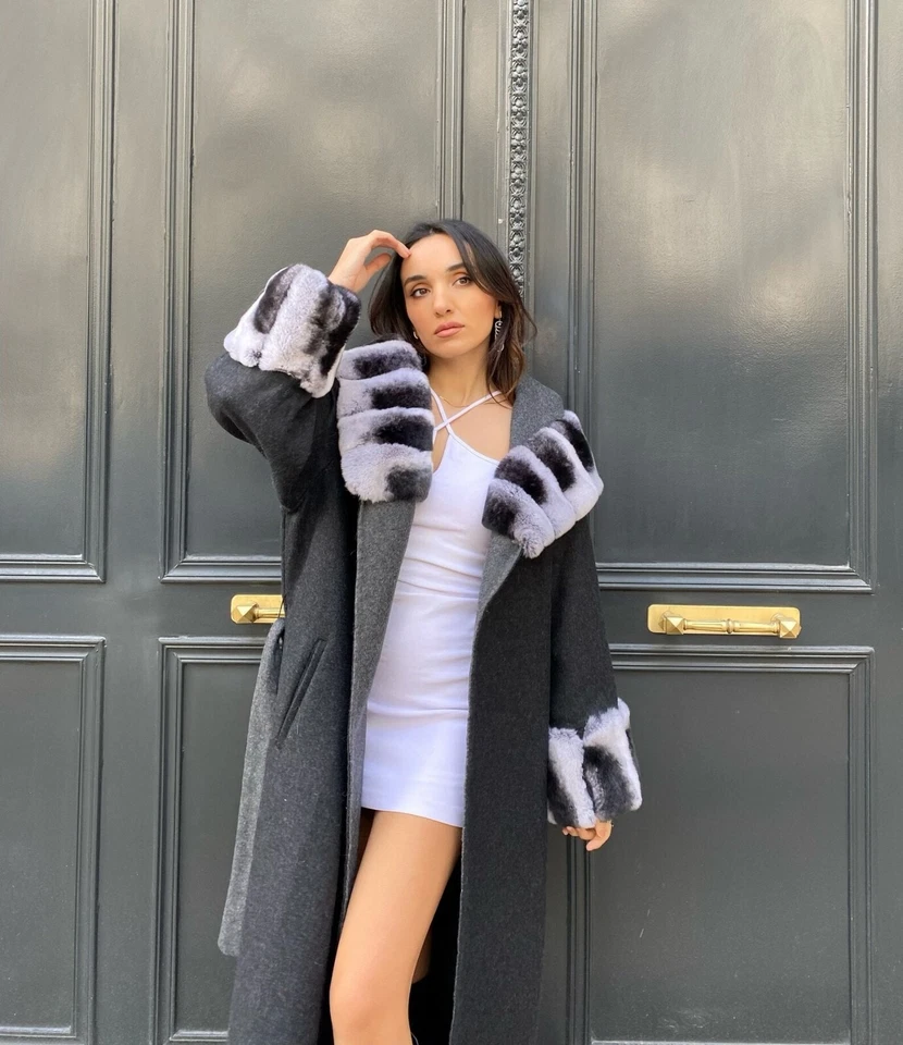 100% Alpaca Women's Winter Coat Rex Rabbit Fur Long Overcoat Soft Stylish Black - Image 3 of 4