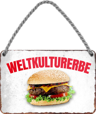 Hänge Blechschild 18x12 Weltkulturerbe Hamburger USA Cheeseburger Fast Food 