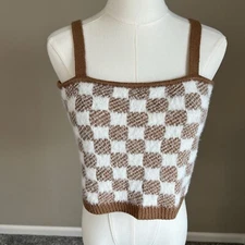 Hazel Moon Brown Cream Checkered Fuzzy Soft Sweater Cami Crop Top Size Large