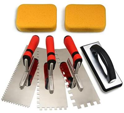 Tile Tools Stainless Steel Square Notch Trowel Set plus Rubber Grout Float 