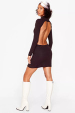 NASTY GAL RIBBED LONG SLEEVE BACKLESS BODYCON DRESS ~ CHOCOLATE (UK 14) RRP £25
