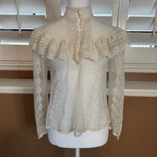 Vintage Gunne Sax M/L High Neck Victorian Lace Sheer Top Ivory Regal Fairycore