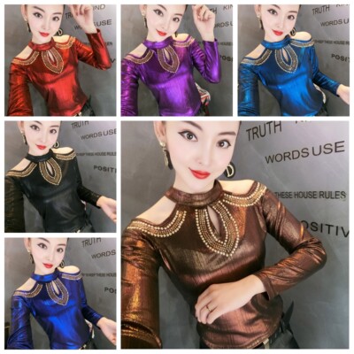 Women Shiny Blouse T-Shirt Tops Beaded Hollow Sexy Slim Long Sleeves Dance