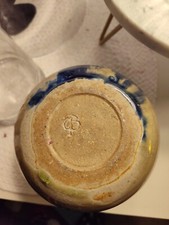 Handmade Old Ceramic Vase Marked With 93 Blue And Tan Crazing On The Glaze 