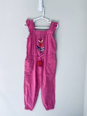 NWT Mini Boden Toddler Girl 3-4 Pink Frilly Embroidered Romper Jumpsuit 