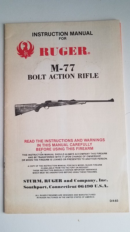 Instruction Manual For Ruger M-77 Owner's 1983
