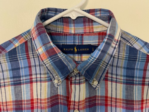 Ralph Lauren Polo Men's Classic Plaid 100% Linen S/S Button-Down Shirt L Pony - Picture 3 of 10