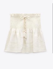 New Zara Cream White  Linen Blend Short Mini Skirt XS Embroidered Shells Boho