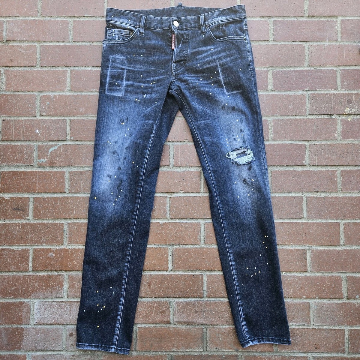 Dsquared2 Jeans Mens 46 Black Distressed Paint Splatter Tapered Fit 32x31