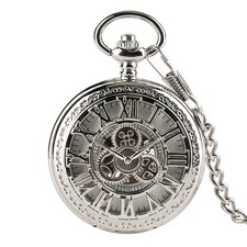Gear Skeleton Hand-Wind Pocket Watch Silver Case Roman Numerals Unisex FOB Chain