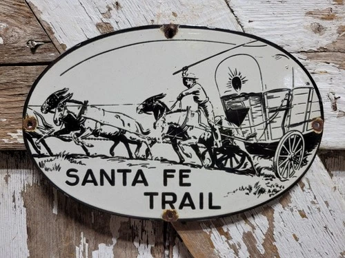 VINTAGE SANTA FE TRAIL PORCELAIN SIGN OLD ADVERTISING NEW MEXICO HISTORIC ROUTE