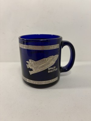 Vintage BOEING Space Shuttle Gold Cobalt Glass Mug Cup W/ Handle  EUC