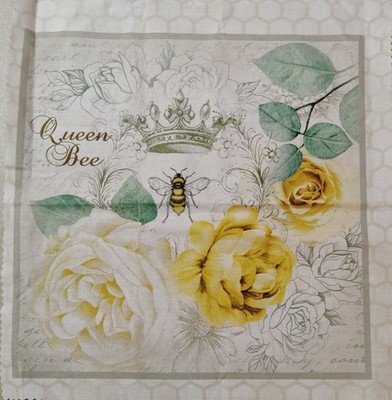 Hi-Fashion~''#6-Queen Bee''~Yellow~ Flowers, Crown, Bee~Cotton Fabric Panel~10''x10