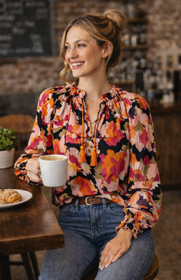 THML Floral Tassel Tie Neck Blouse Womens Medium Boho Lightweight Top 