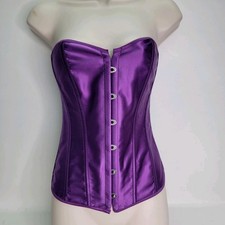 Satin Overbust Corset Top Womens M Purple Strapless Lace Up Boned Busk Burlesque