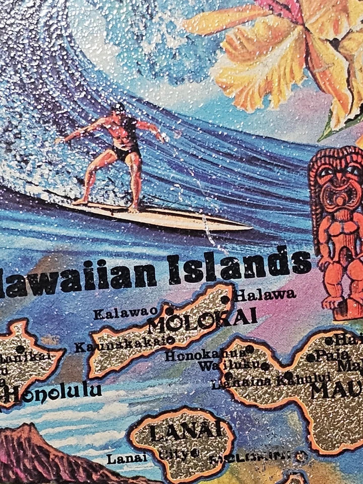 Vintage Hawaiian KEN HAAG Islands Souvenir Tray Round Gold Blue Surfer Map Art - Image 2 of 4