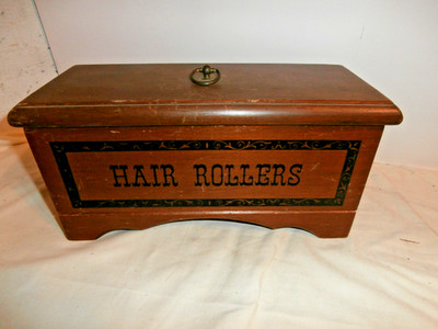 Vintage Wooden Storage Vanity Dresser Box w/ Lid  for Hair Rollers