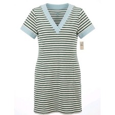 Talbots Striped V-Neck Knit Dress in GreeN Light/Blue Trim SMALL NEW w TAGS