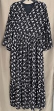 Women's Ruffle Fit & Flare Long Dress Tie Waist Floral V-Neck Bell Sleeve Size-M