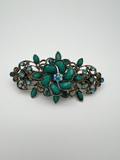 Vintage Silver Tone Green  Blue Rinestone Flower Hair Clip Barrette Faux Gems