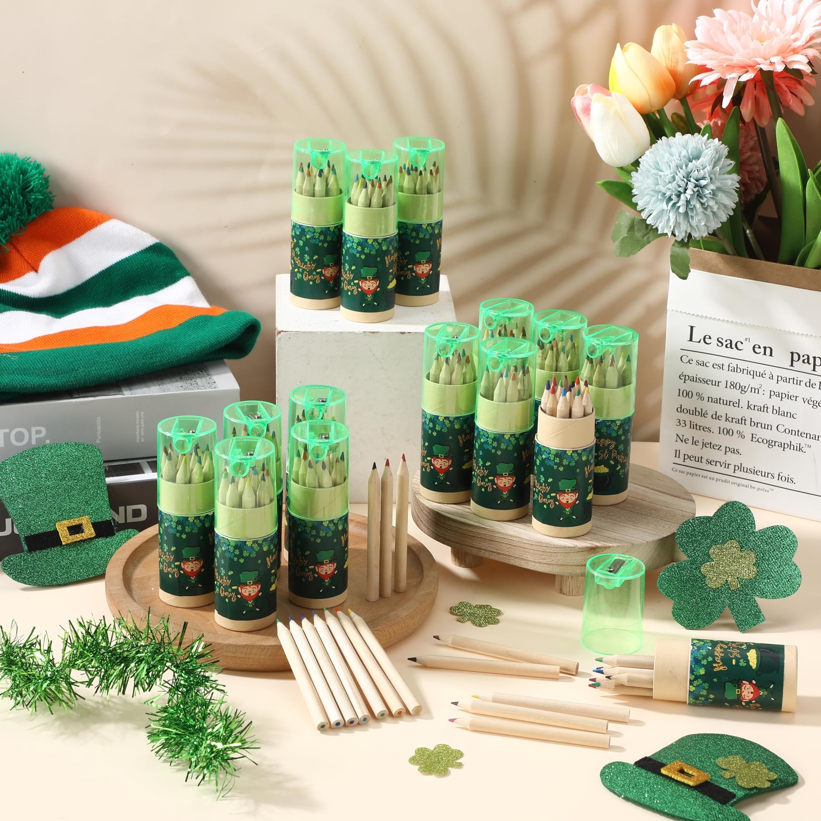 32 Pack St Patrick's Day Mini Colored Pencils Bulk Coloring Pencil with Sharpene