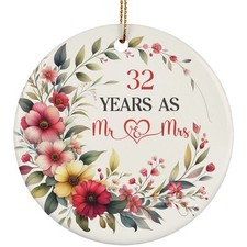 32th Anniversary Ornament 32 Years As Mr And Mrs Flower Wreath Christmas Gifts