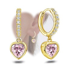 Gold Heart Hoop Earrings with Dangle Sterling Silver Love Heart-Shaped Earrin...