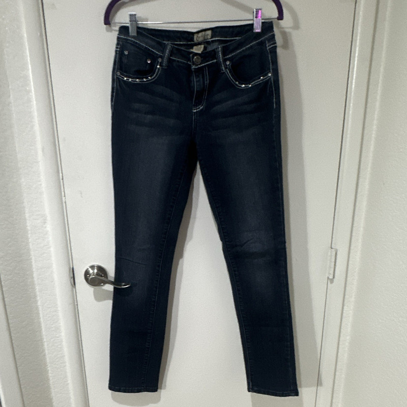 Earl Jean Women’s Dark Wash Blue Skinny Stretch Denim Jeans, Embroidered Studded