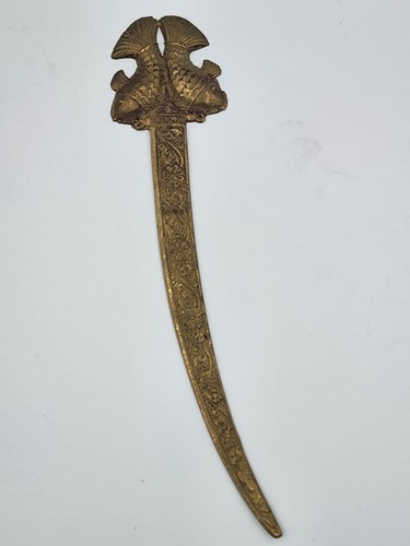 Vintage Brass Letter Opener Fish Handle Etched Curved Blade India