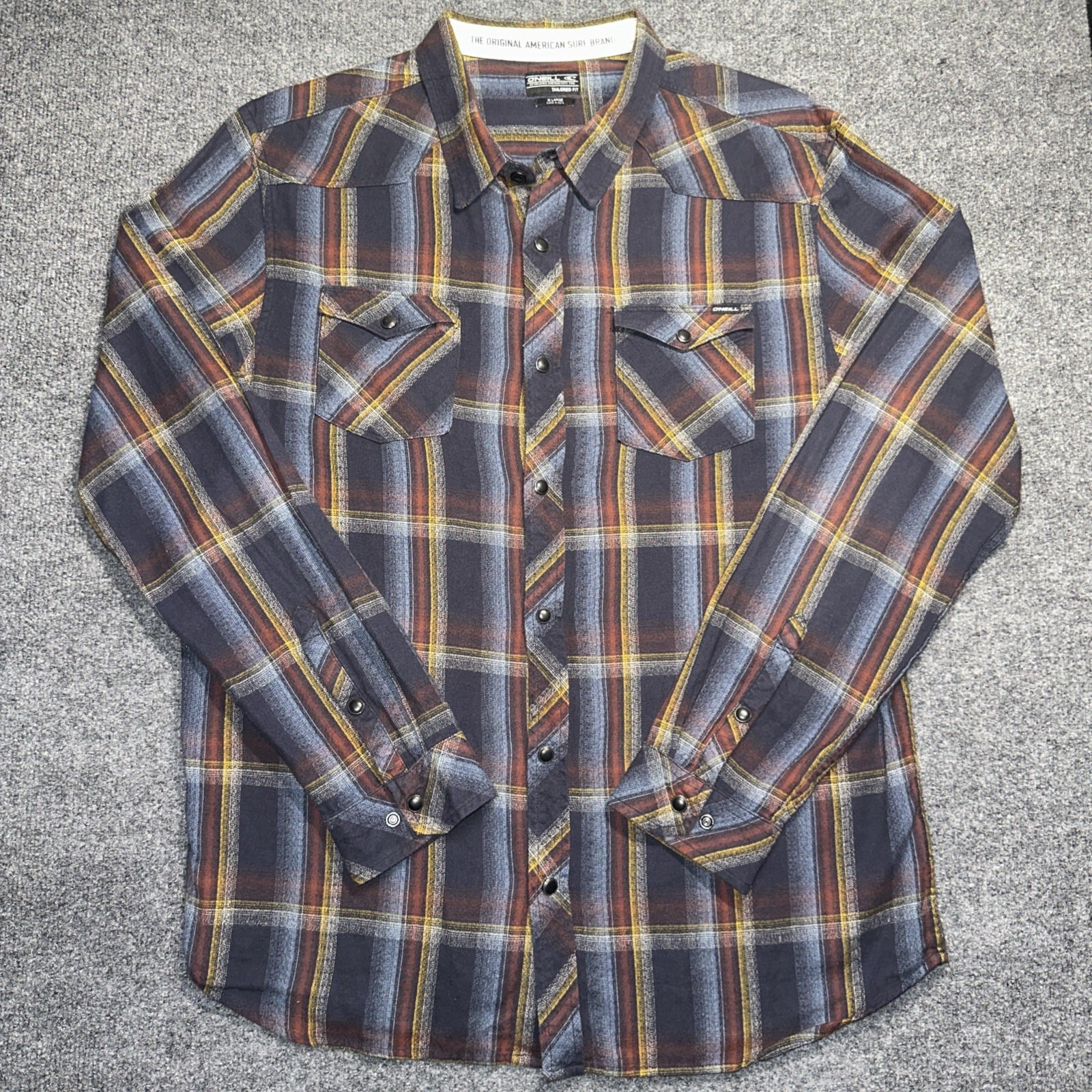 ONeill Flannel Shirt Mens XL Blue Plaid Tailored Fit Snap Button Long Sleeve