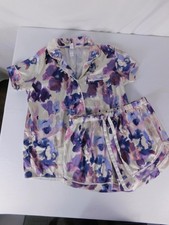 Pajama Set Womens S Multicolor Floral Satin Short Sleeve Button Front Lounge