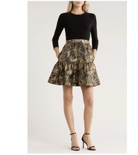 Eliza J Long Sleeve Mixed Media Fit & Flare Dress $138 Size:6