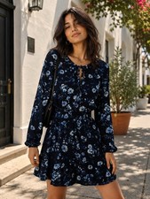 GAP Women's L Navy Blue Floral Long Sleeve Round Neck Smocked Fit & Flare