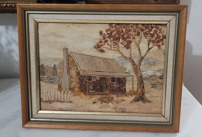 Small Vintage Mixed Media Painting,  Framed Wall Art 