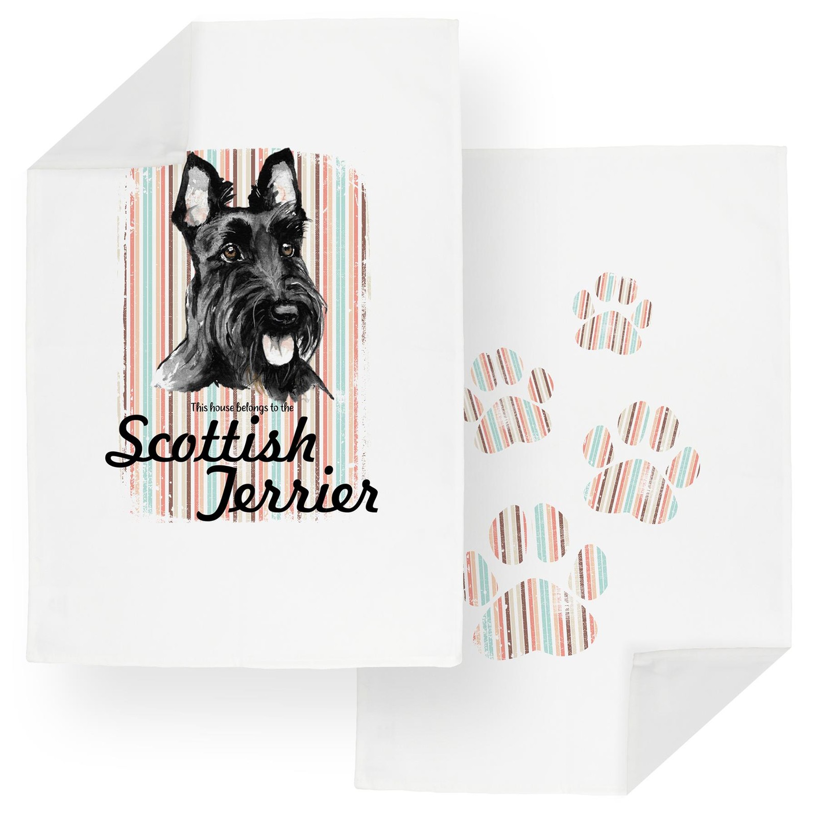 Scottish Terrier Tea Towel Set - Novelty Dogs & Paw Prints Kitchen Linens Gifts