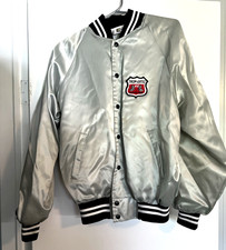 LG  Vtg K Brand Satin Bomber Jacket Silver USA Trop Artic Phillips 66 Racing oil