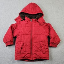 London Fog Puffer Jacket Boys 6 Red Embroidery Hooded Full Zip Pockets