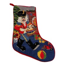 Christmas Wool Needlepoint Nutcracker Playing Drum Stocking 19" Toy Train Red