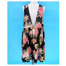 Maeve Anthropologie Floral Babydoll Dress Black Lace Trim Sheer V-Neck Large