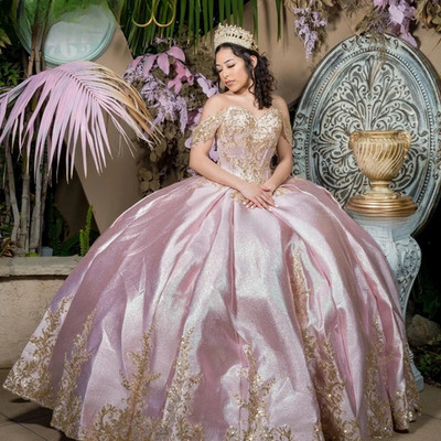 Pink Quinceanera Dresses Ball Gown Golden Lace Applique Beaded Mexico Sweet 16