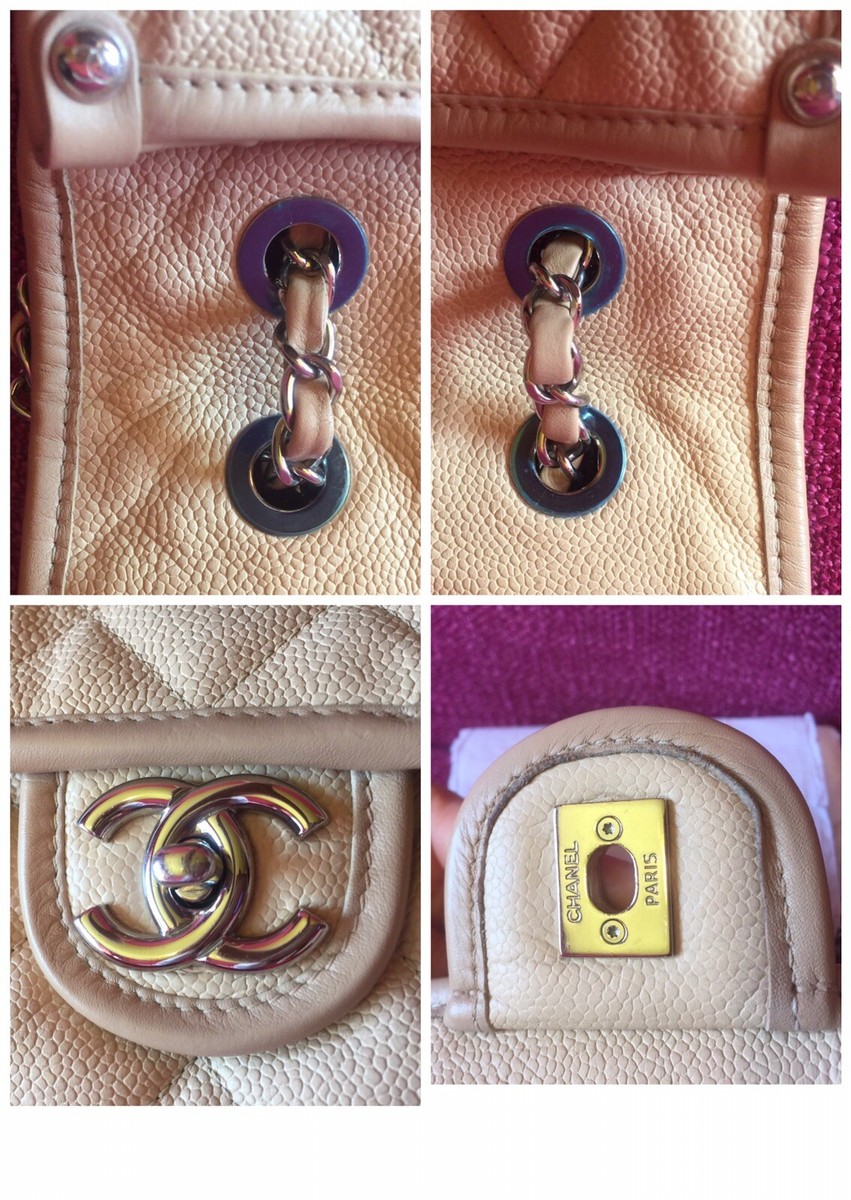 CHANEL Beige French Riviera Flap Bag Quilted Caviar Medium