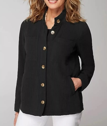 J Jill Gauze Button Front Jacket Womens Medium Petite Black Travel Shacket Layer