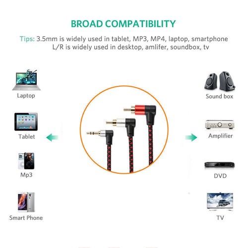 90 Degree 3.5mm Male To 2 Rca Male Cable Right Angle Stereo Audio Aux For Dj - Zdjęcie 7 z 13